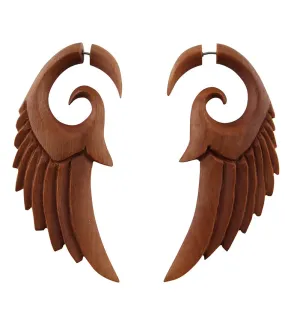Wooden Angel Wing Fake Gauge Spiral Tribal Earrings (19G - 0.9mm)