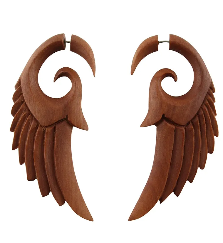 Wooden Angel Wing Fake Gauge Spiral Tribal Earrings (19G - 0.9mm)